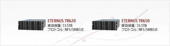 ETERNUS TR620 実効容量：13.5TB プロトコル：NFS/ SMB3.0、ETERNUS TR650 実効容量：33.5TB プロトコル：NFS