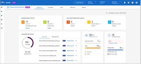 BlueXP Ransomware Protection is AI-based intelligence and assistance needed to minimize workload data loss and bounce back quickly. This image shows the BlueXP UI.