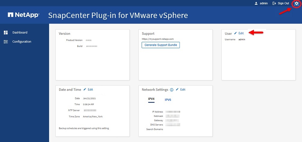 SnapCenter Plug-in for VMware vSphere window